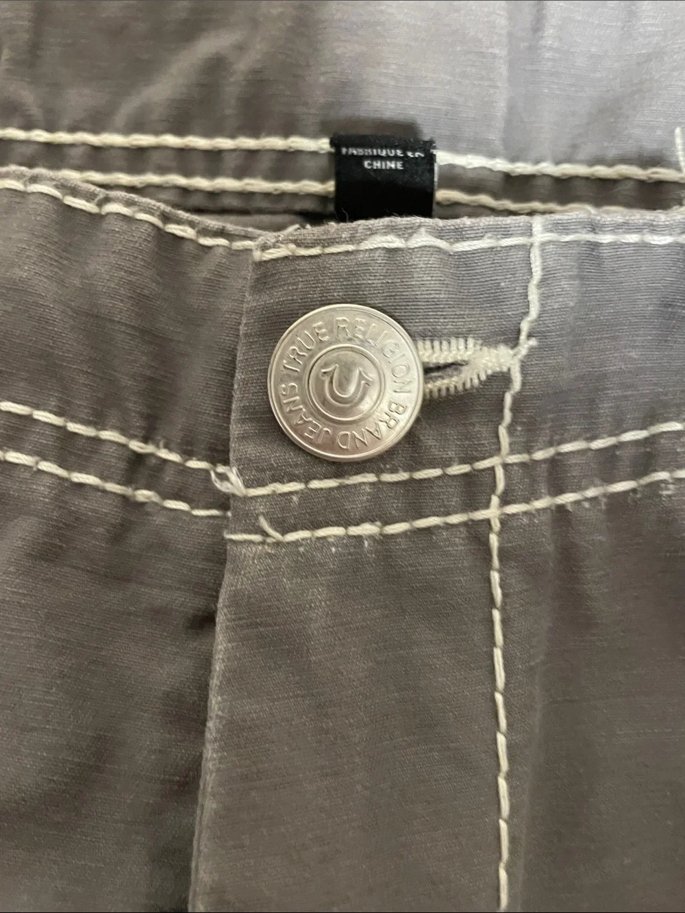 True Religion Men's Gray Cargo Shorts with White Contrast Stitching